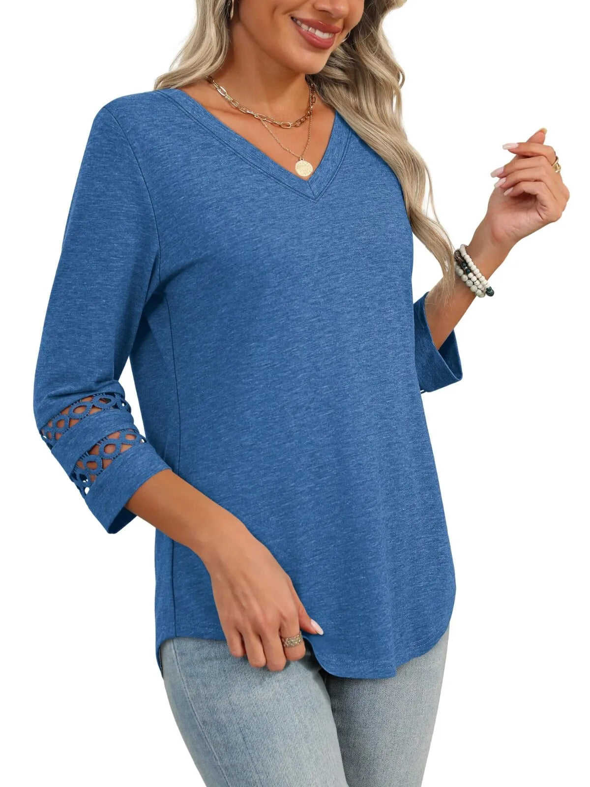 Solid Hollow Out V-neck Dressy Casual Trendy T-shirt