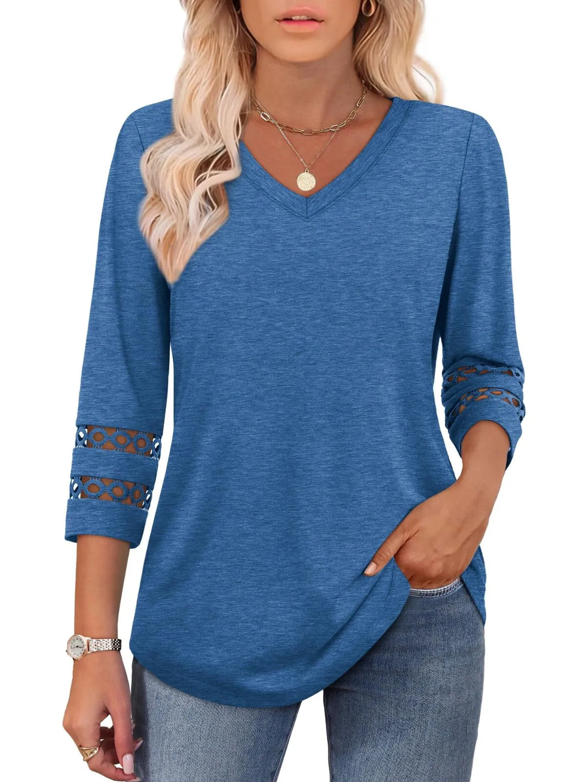 Solid Hollow Out V-neck Dressy Casual Trendy T-shirt