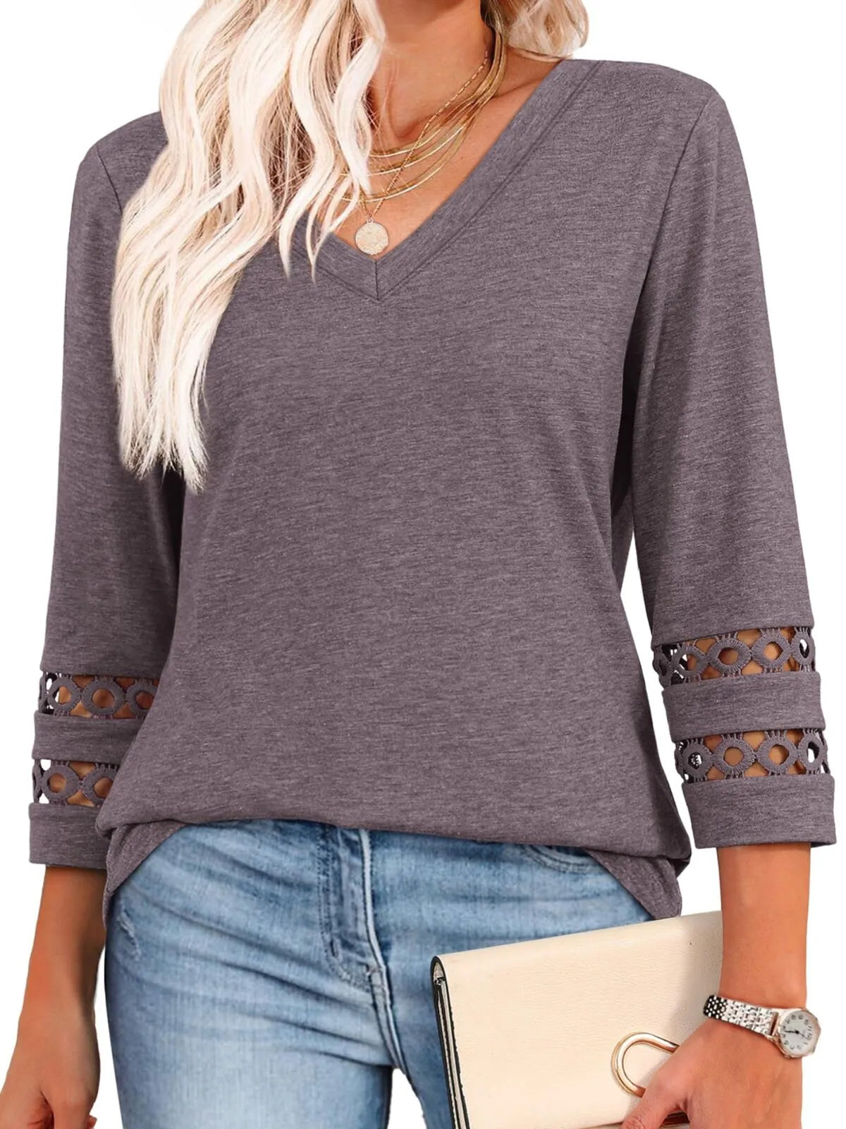 Solid Hollow Out V-neck Dressy Casual Trendy T-shirt
