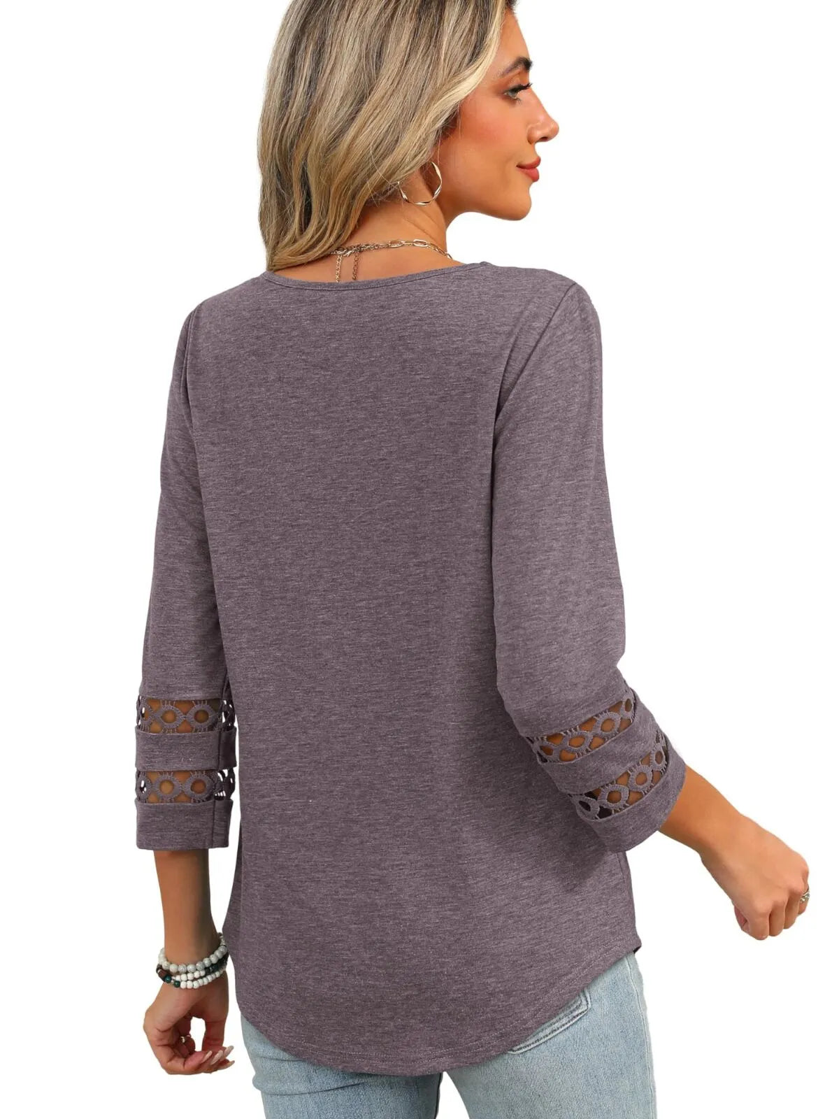 Solid Hollow Out V-neck Dressy Casual Trendy T-shirt