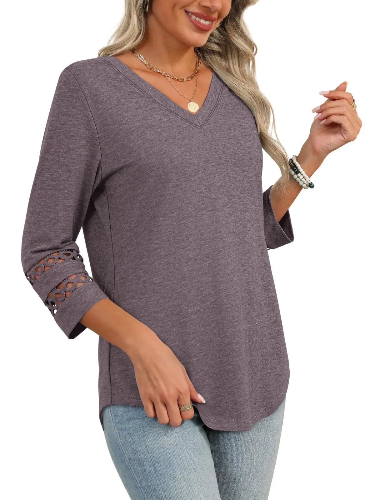 Solid Hollow Out V-neck Dressy Casual Trendy T-shirt