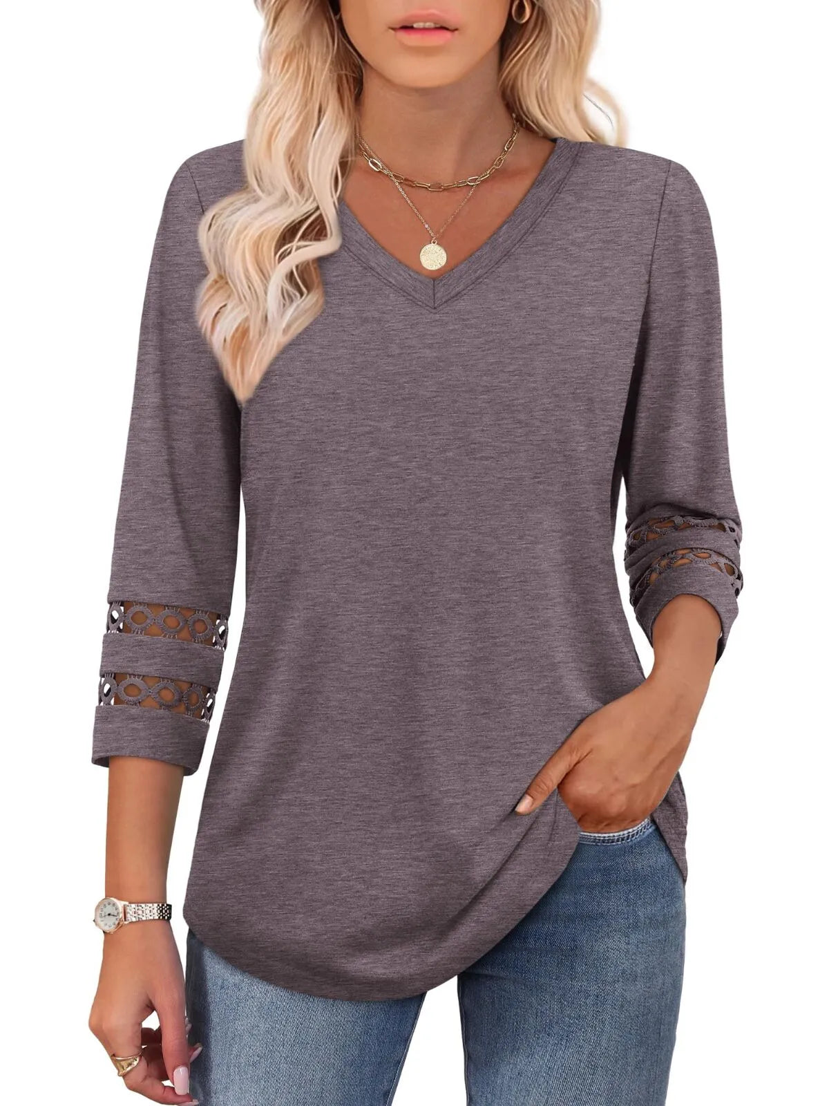 Solid Hollow Out V-neck Dressy Casual Trendy T-shirt