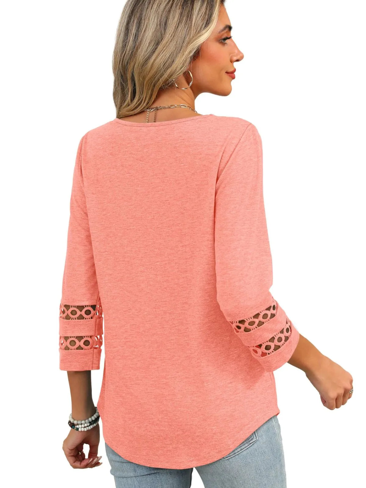 Solid Hollow Out V-neck Dressy Casual Trendy T-shirt