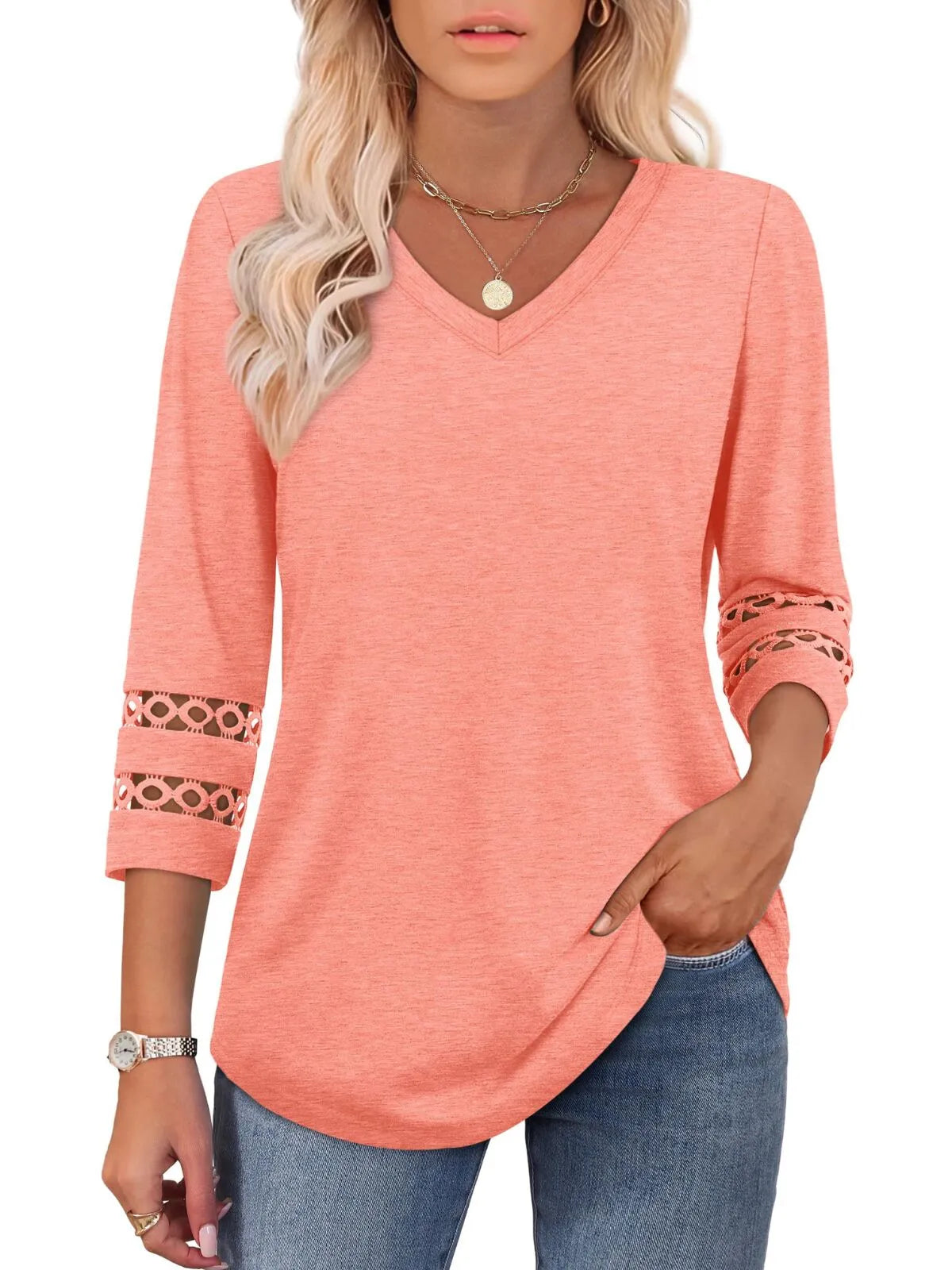 Solid Hollow Out V-neck Dressy Casual Trendy T-shirt