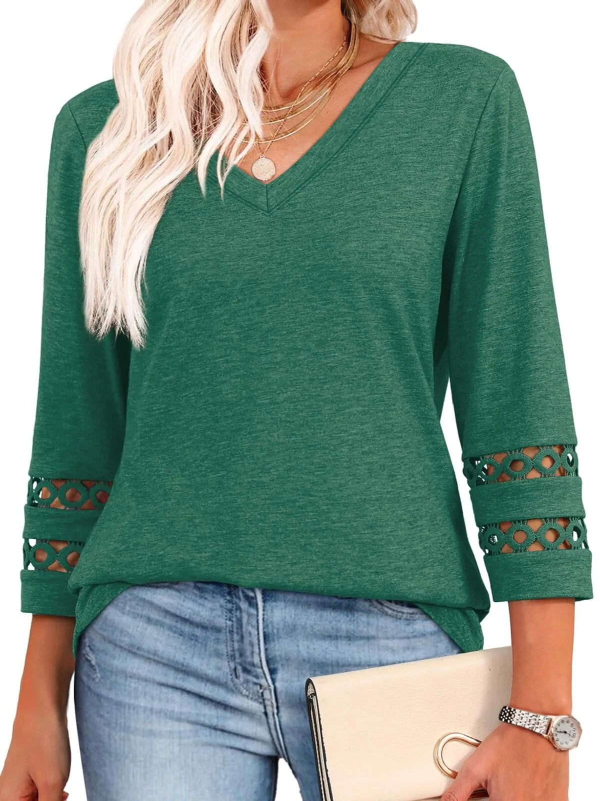 Solid Hollow Out V-neck Dressy Casual Trendy T-shirt