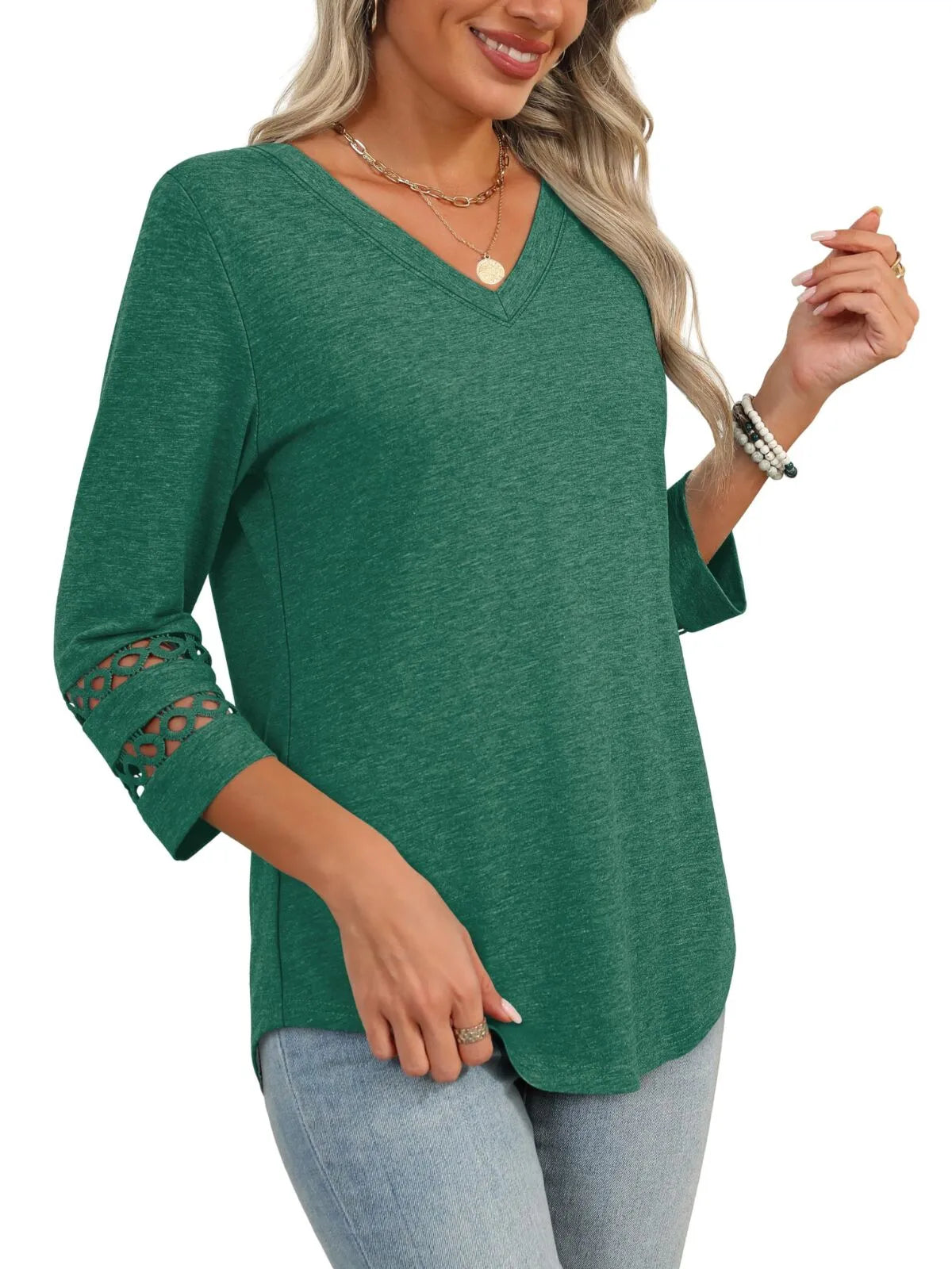 Solid Hollow Out V-neck Dressy Casual Trendy T-shirt