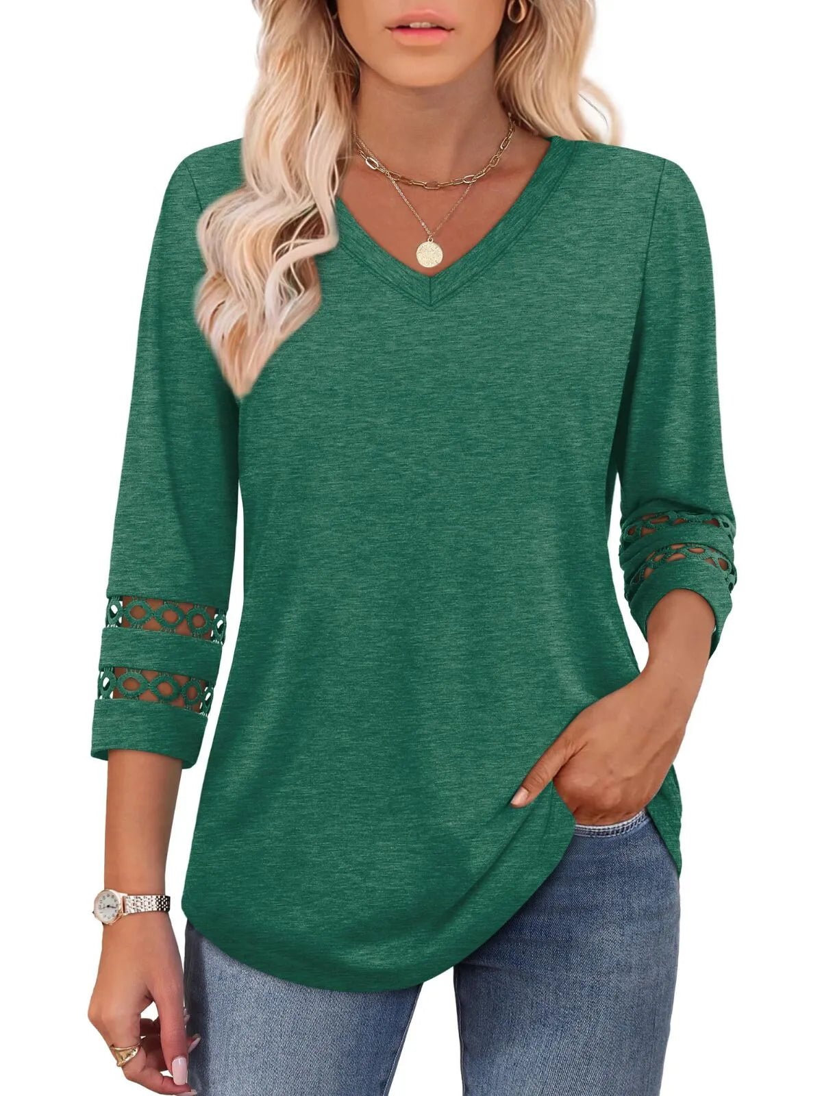 Solid Hollow Out V-neck Dressy Casual Trendy T-shirt