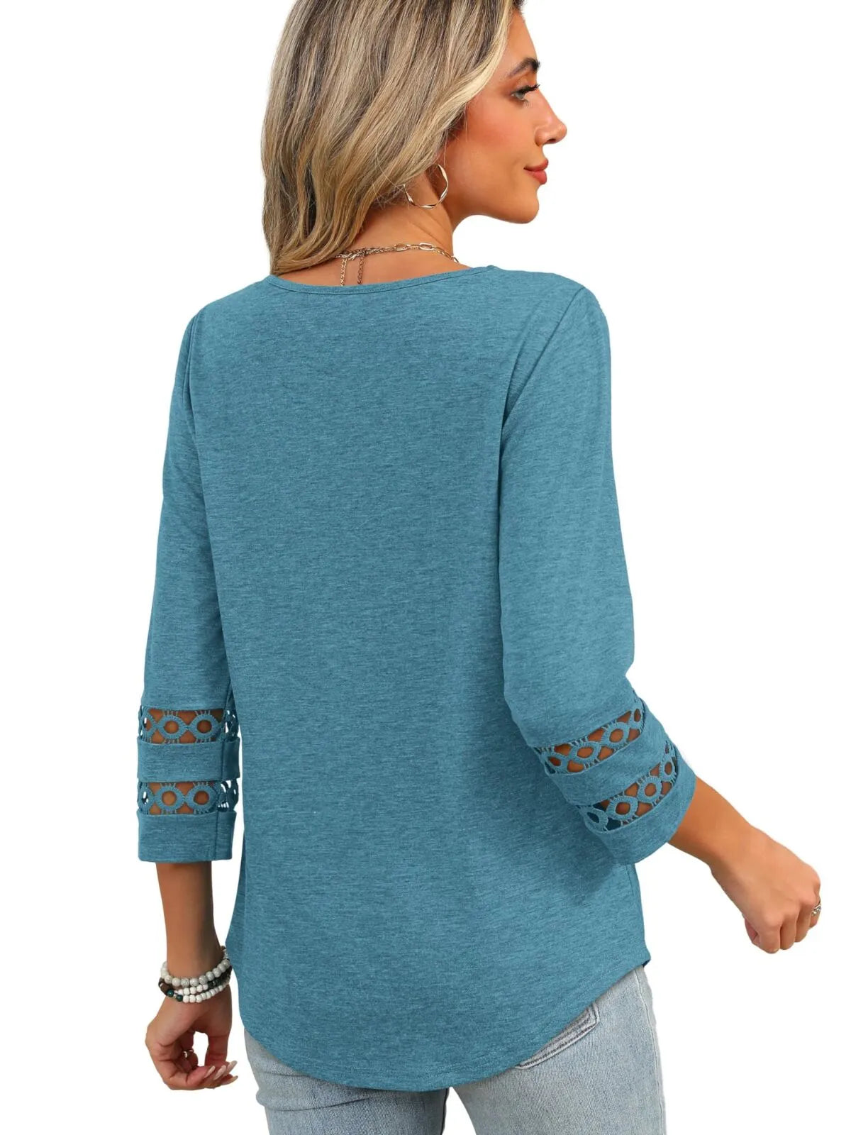 Solid Hollow Out V-neck Dressy Casual Trendy T-shirt