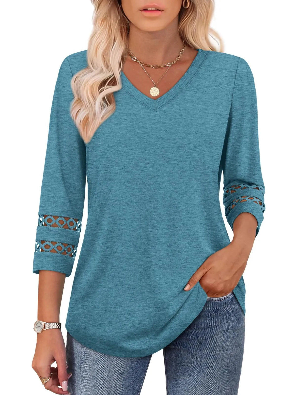 Solid Hollow Out V-neck Dressy Casual Trendy T-shirt