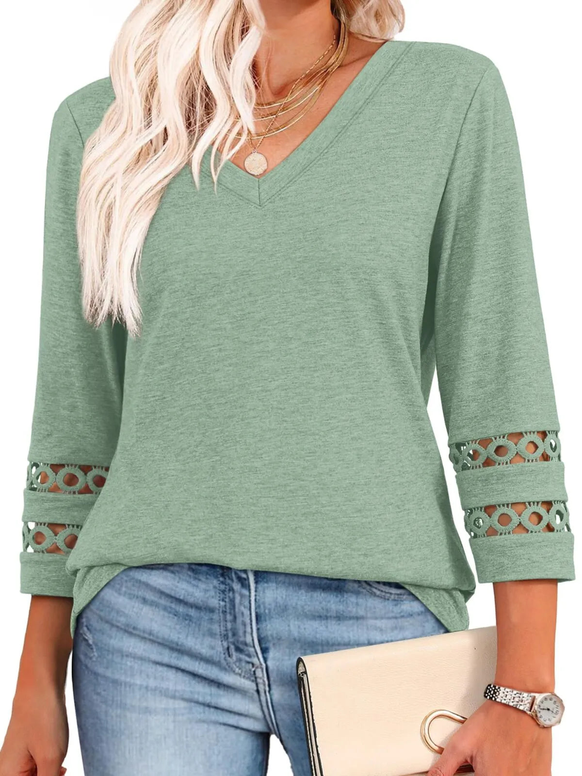 Solid Hollow Out V-neck Dressy Casual Trendy T-shirt