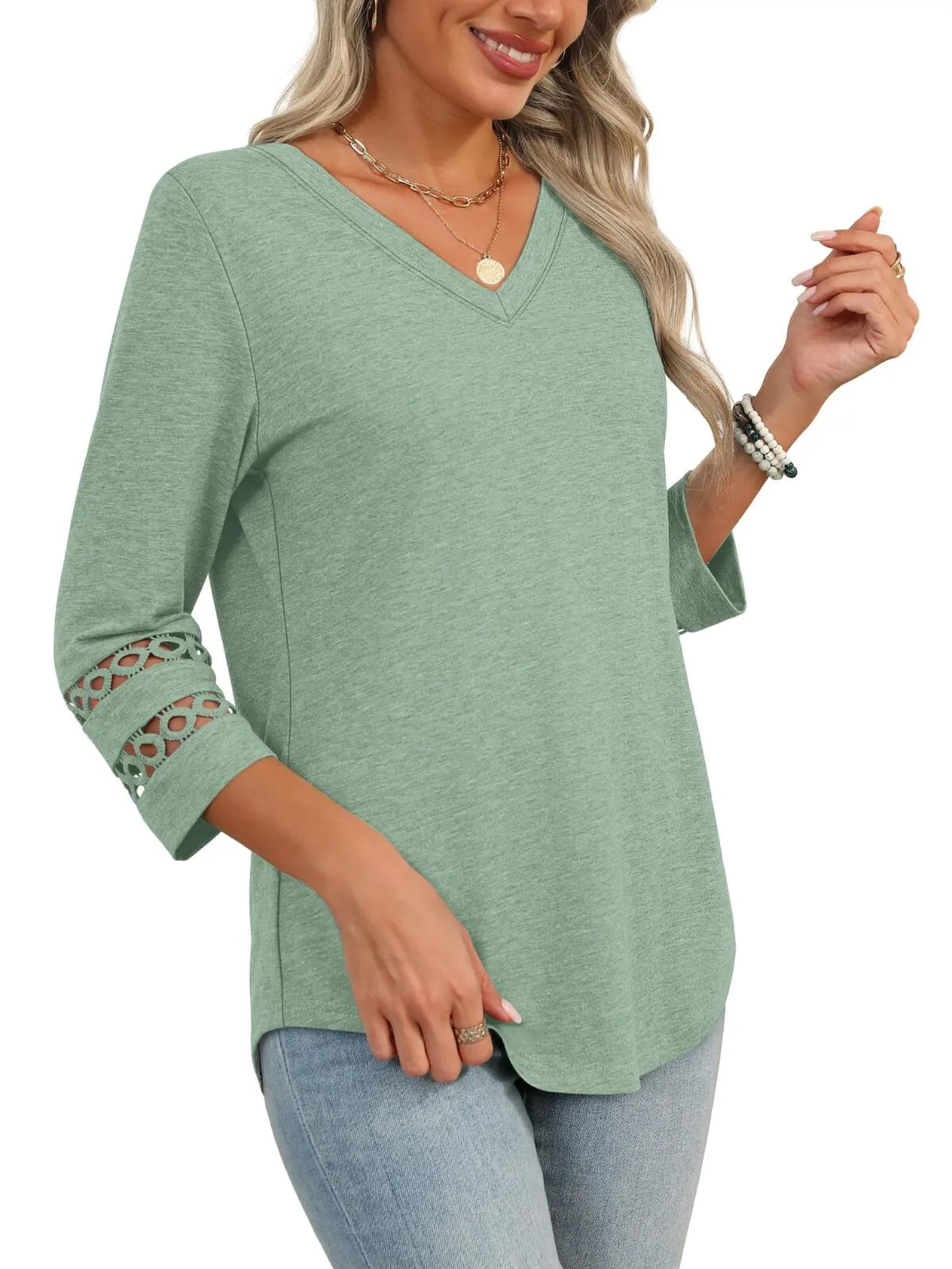 Solid Hollow Out V-neck Dressy Casual Trendy T-shirt