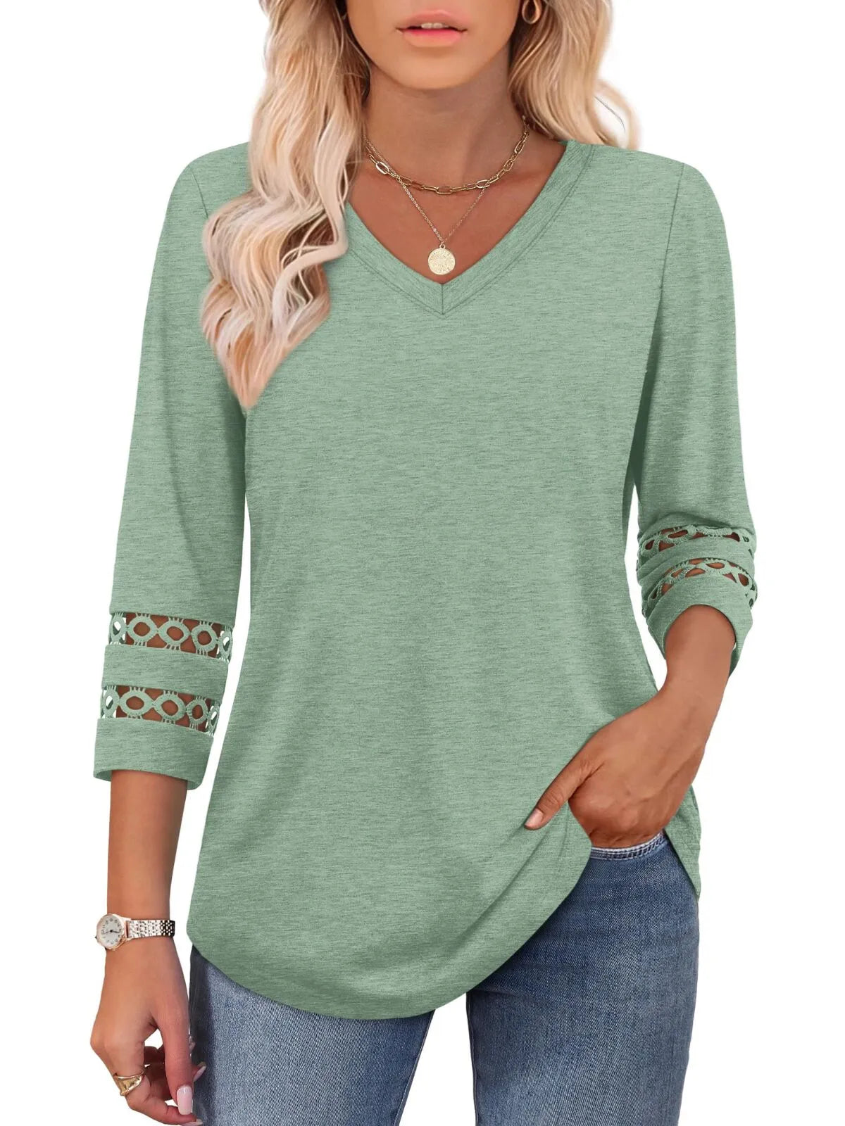 Solid Hollow Out V-neck Dressy Casual Trendy T-shirt