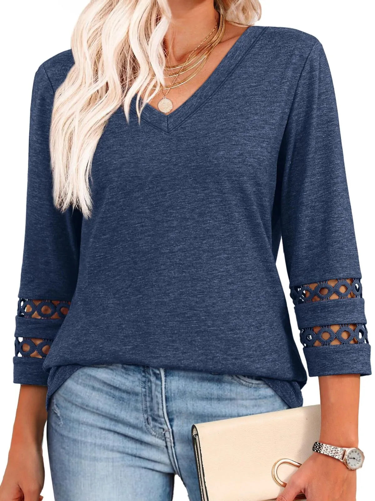 Solid Hollow Out V-neck Dressy Casual Trendy T-shirt
