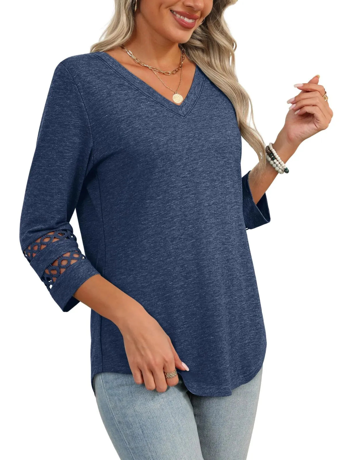 Solid Hollow Out V-neck Dressy Casual Trendy T-shirt