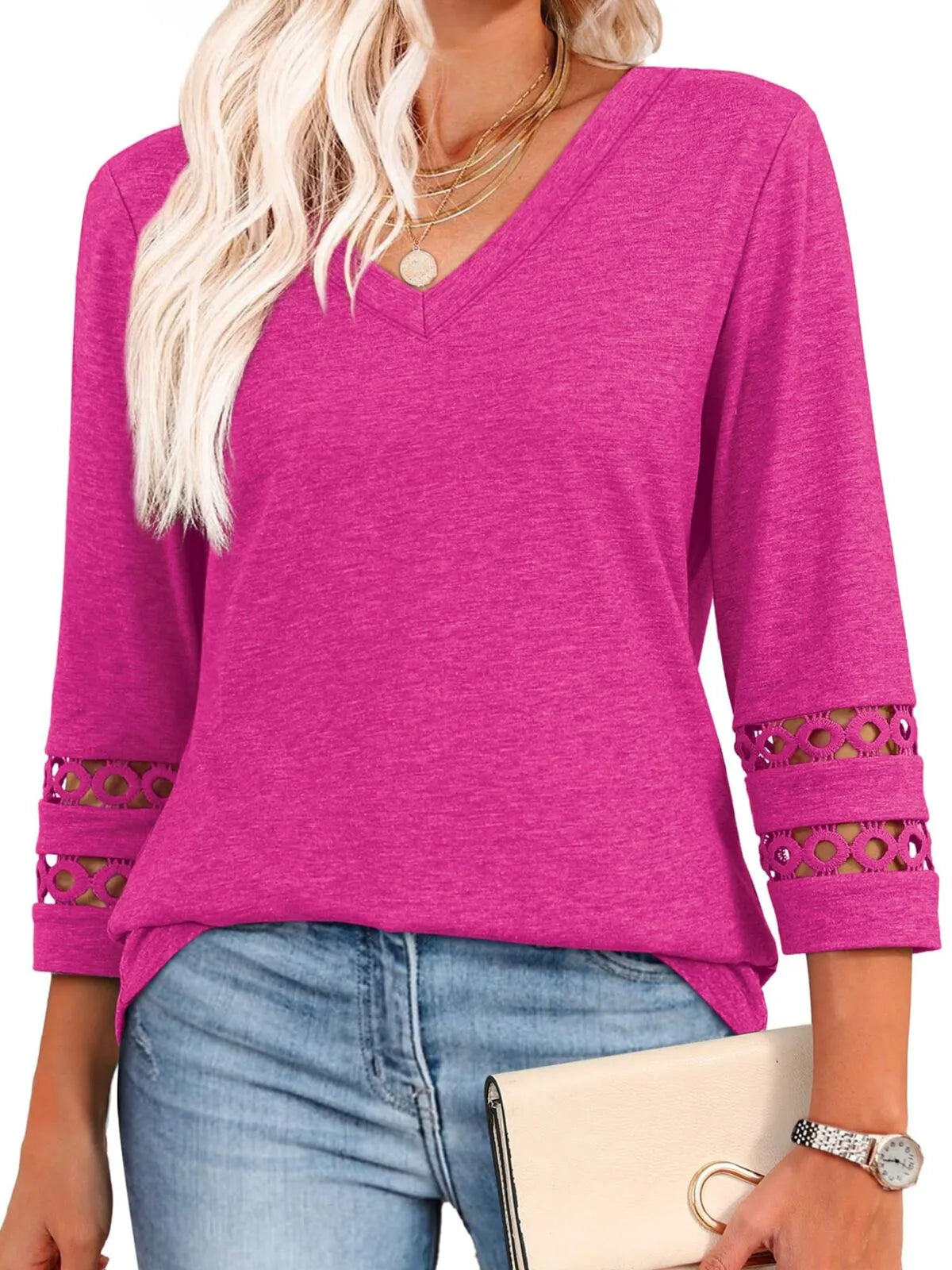 Solid Hollow Out V-neck Dressy Casual Trendy T-shirt