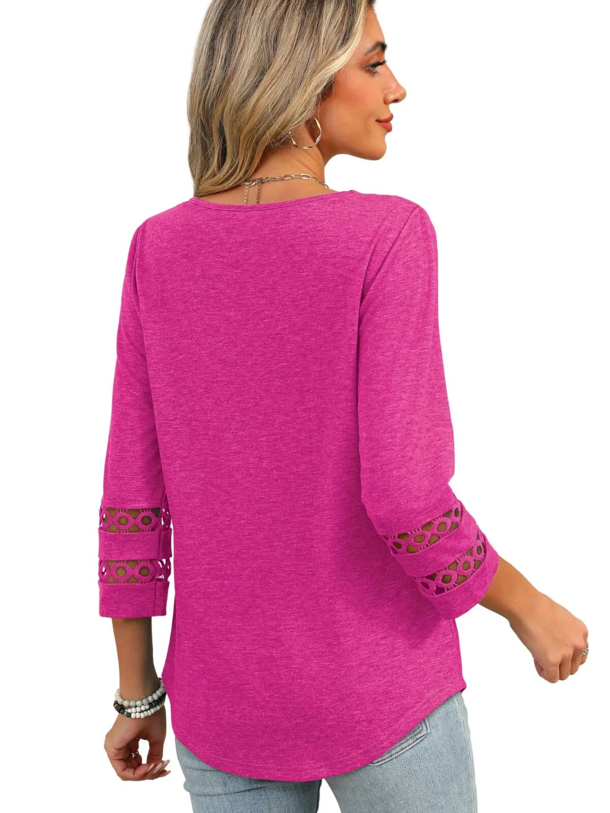Solid Hollow Out V-neck Dressy Casual Trendy T-shirt