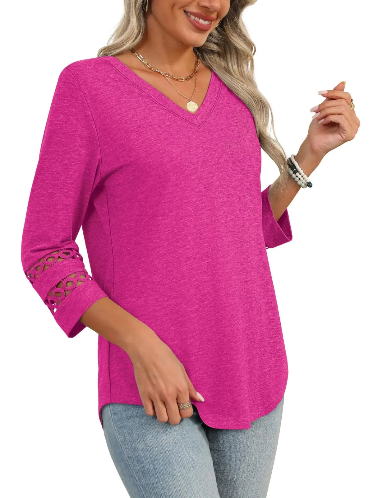 Solid Hollow Out V-neck Dressy Casual Trendy T-shirt