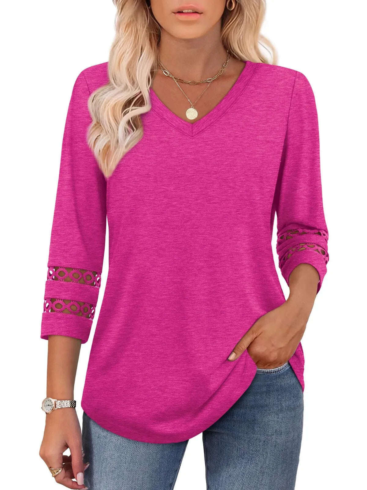Solid Hollow Out V-neck Dressy Casual Trendy T-shirt