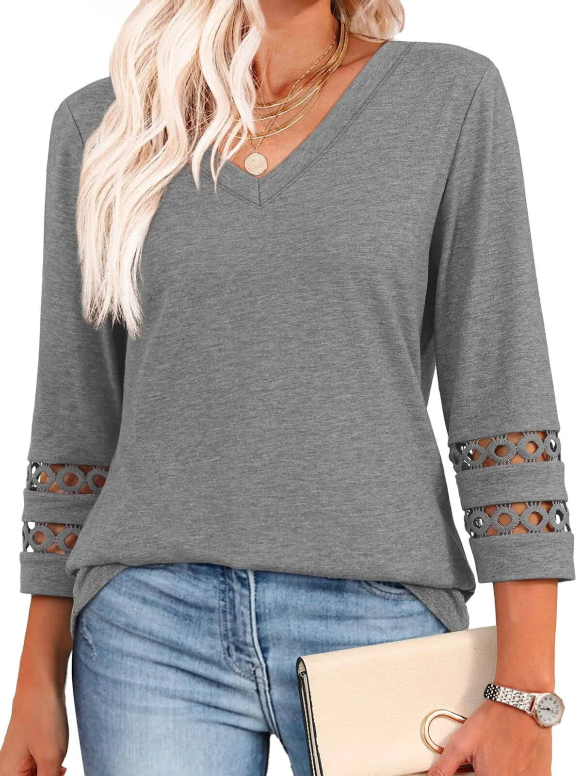 Solid Hollow Out V-neck Dressy Casual Trendy T-shirt