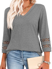 Solid Hollow Out V-neck Dressy Casual Trendy T-shirt