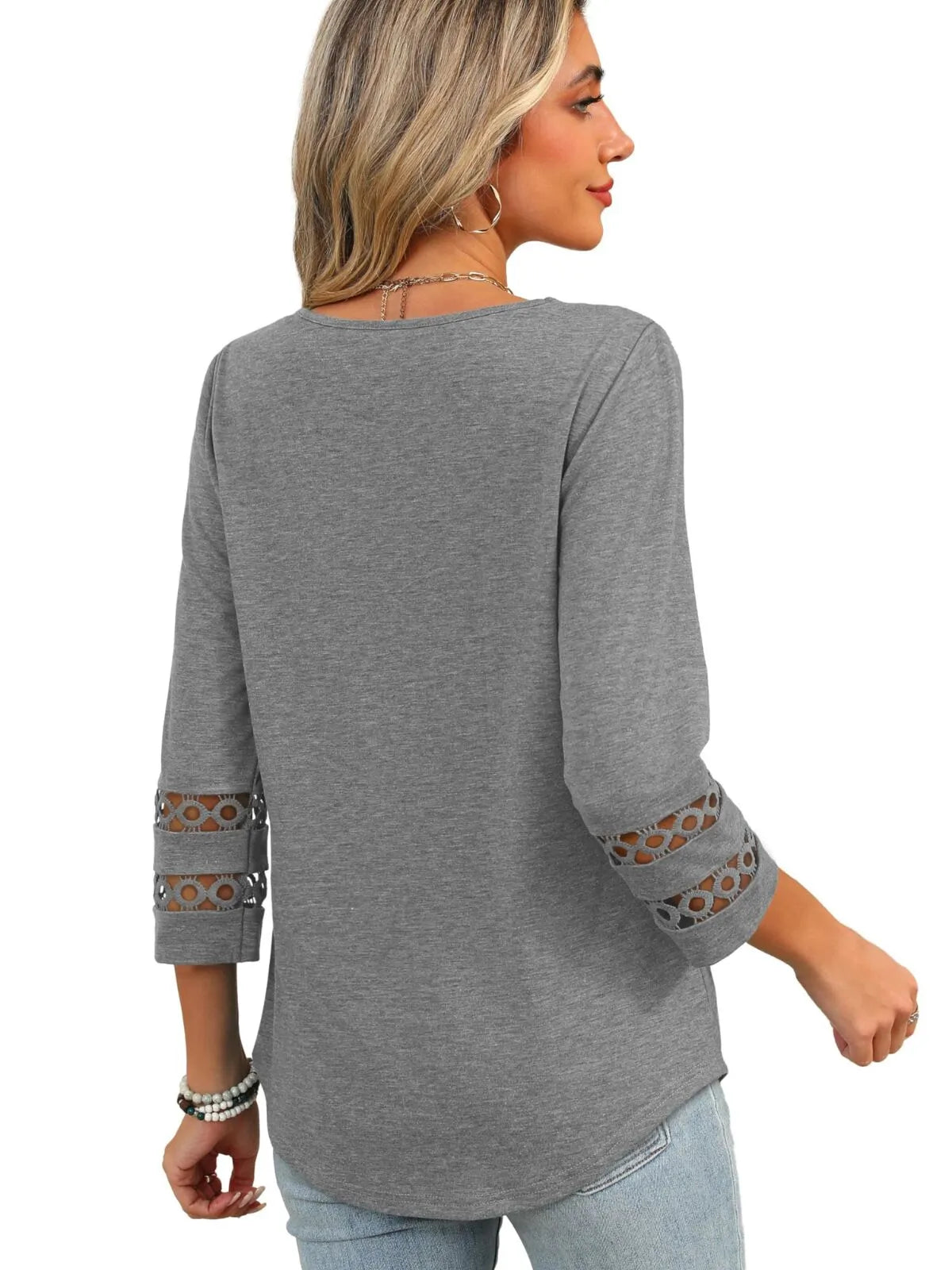 Solid Hollow Out V-neck Dressy Casual Trendy T-shirt