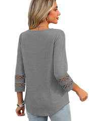 Solid Hollow Out V-neck Dressy Casual Trendy T-shirt