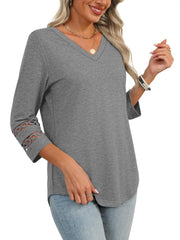 Solid Hollow Out V-neck Dressy Casual Trendy T-shirt