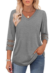 Solid Hollow Out V-neck Dressy Casual Trendy T-shirt