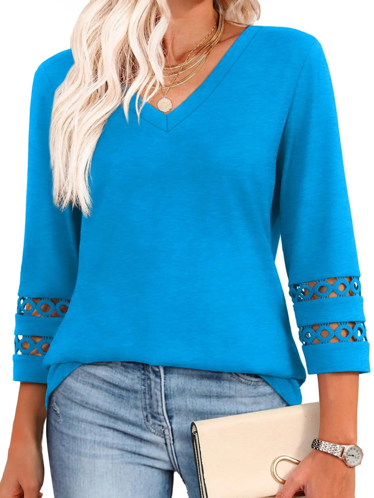 Solid Hollow Out V-neck Dressy Casual Trendy T-shirt