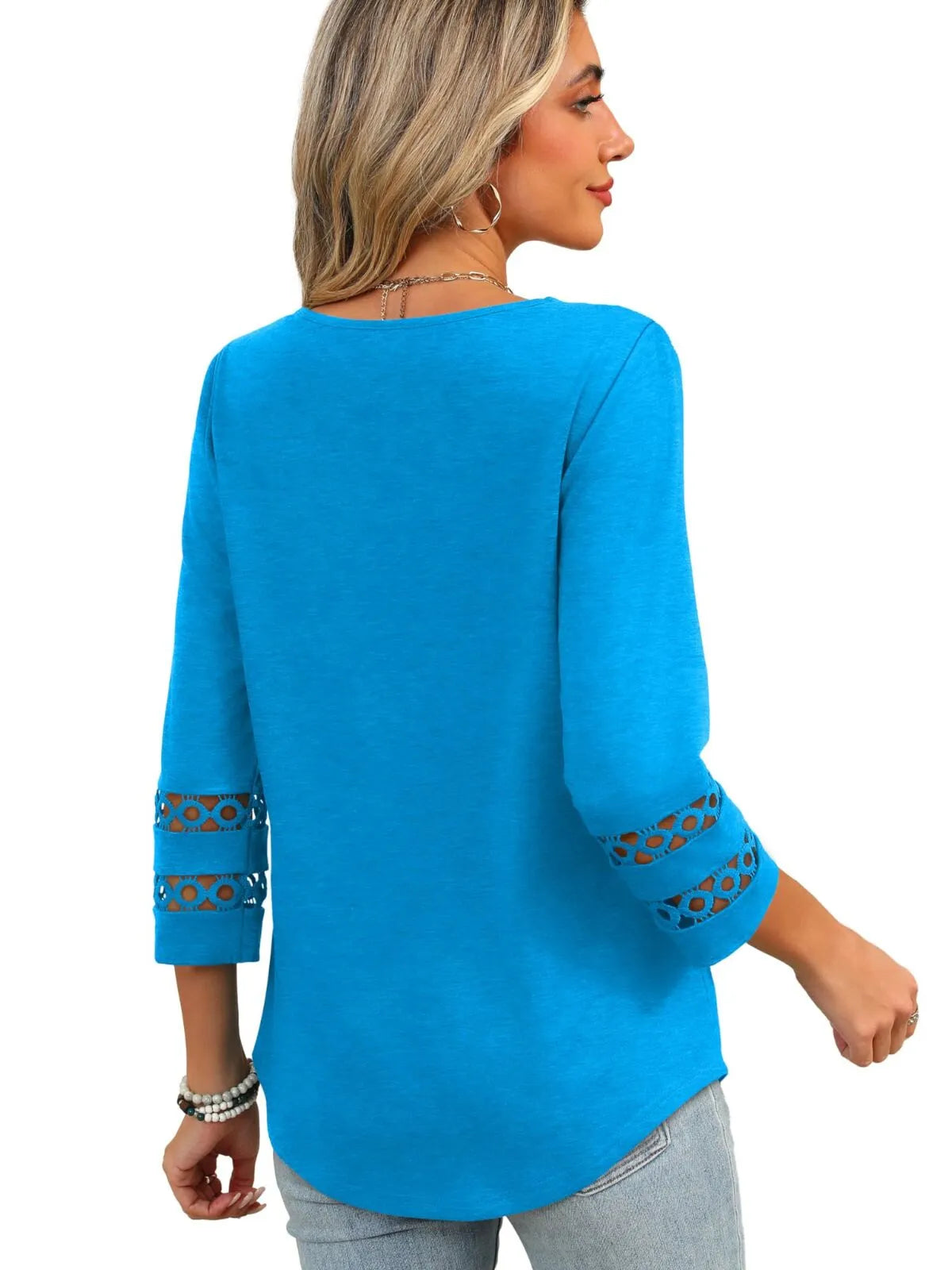 Solid Hollow Out V-neck Dressy Casual Trendy T-shirt