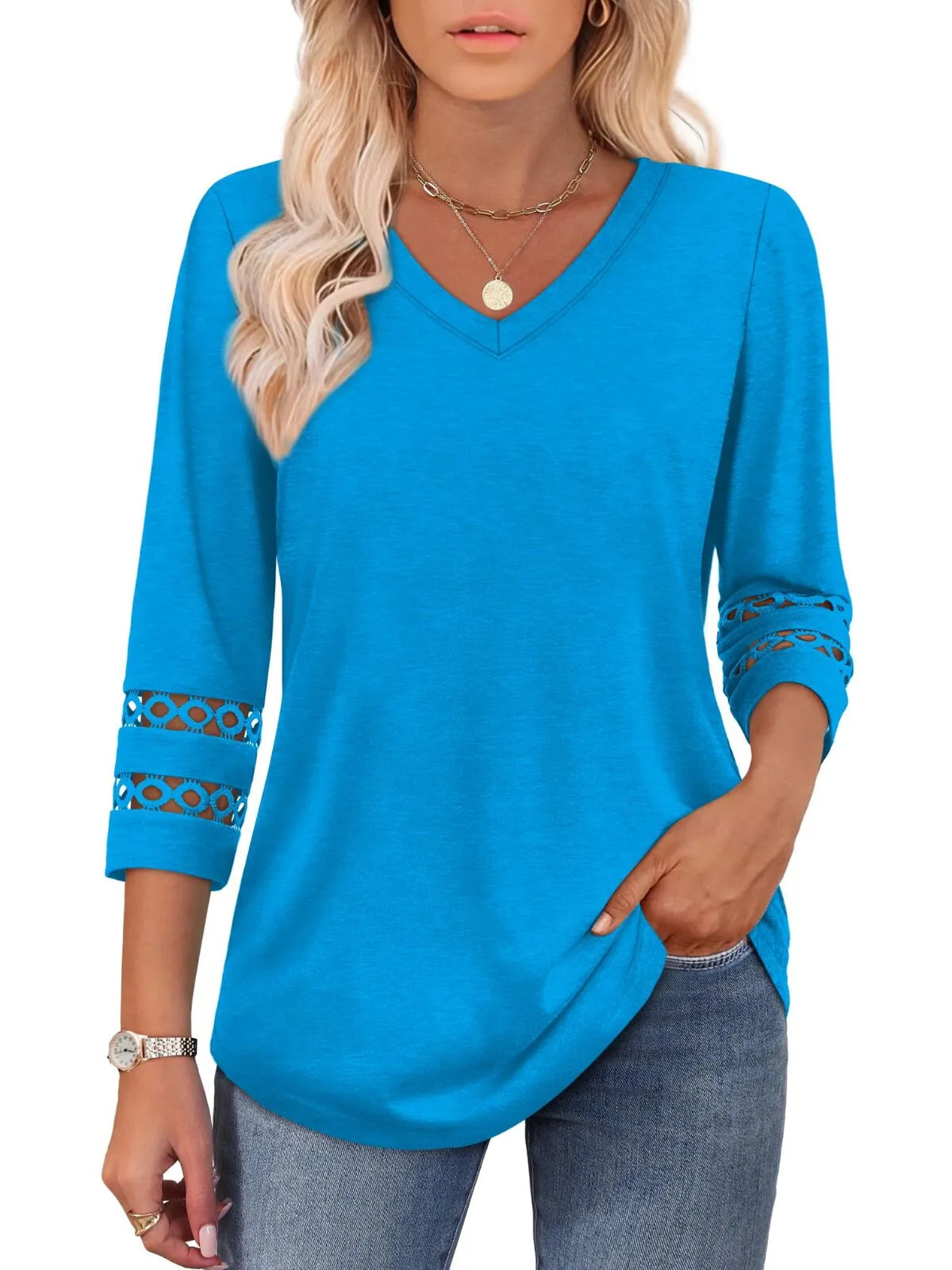 Solid Hollow Out V-neck Dressy Casual Trendy T-shirt