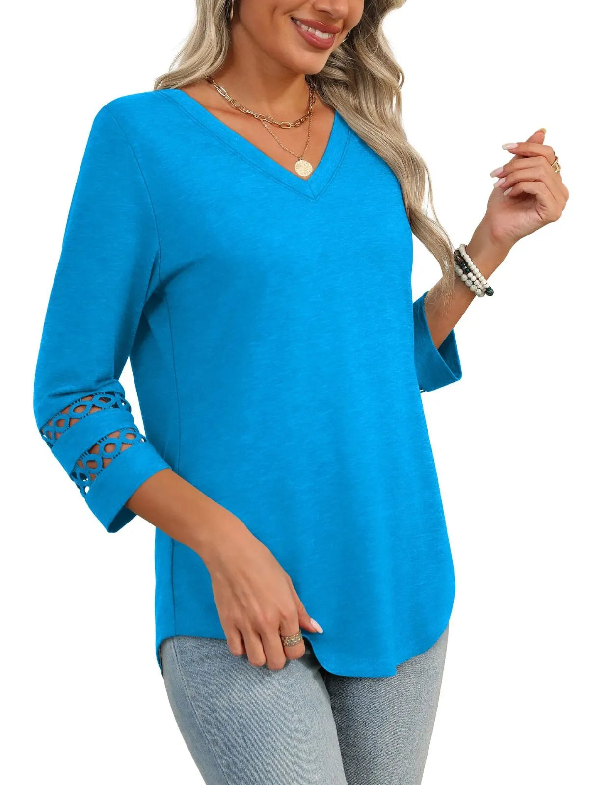 Solid Hollow Out V-neck Dressy Casual Trendy T-shirt