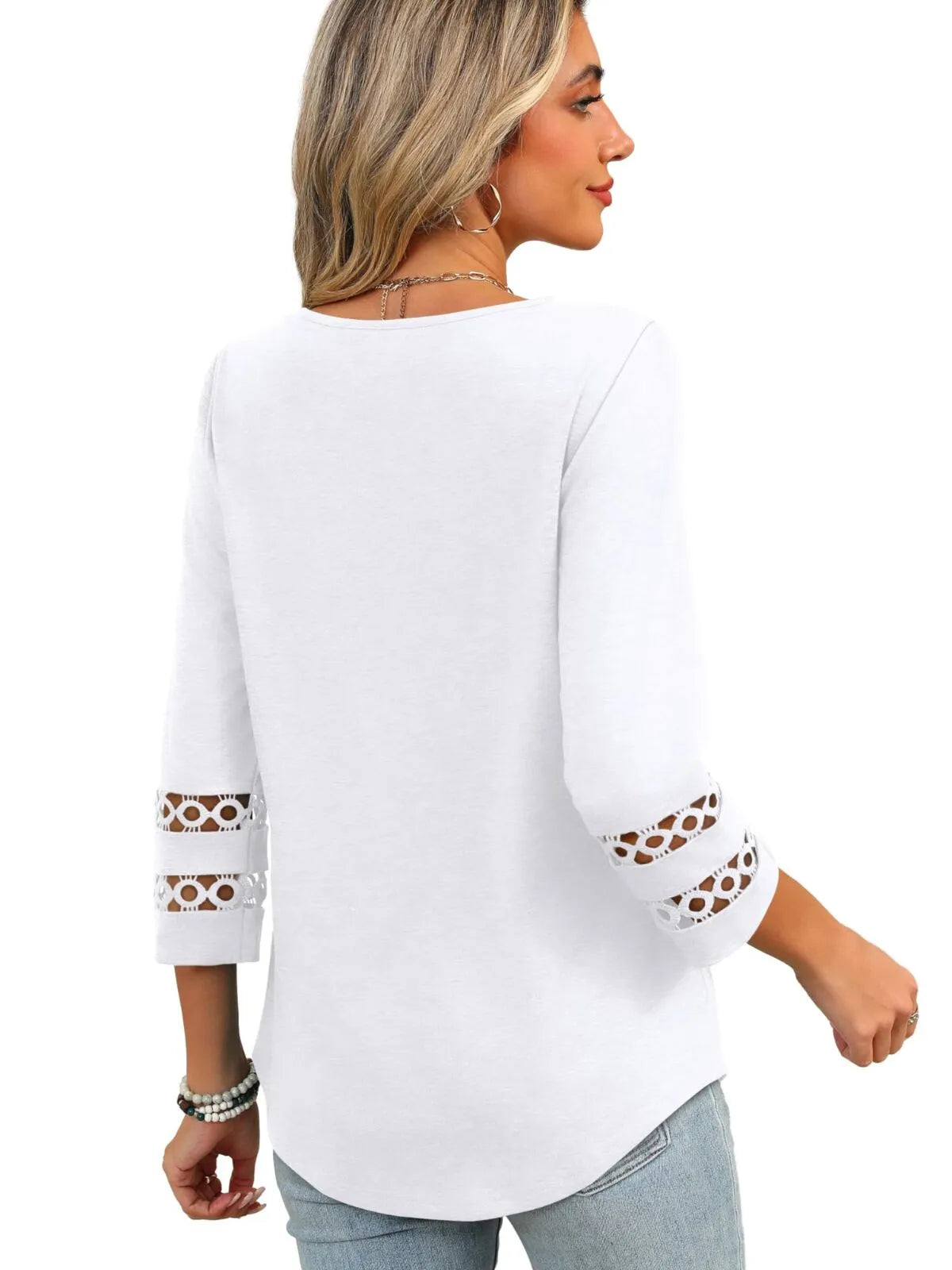 Solid Hollow Out V-neck Dressy Casual Trendy T-shirt