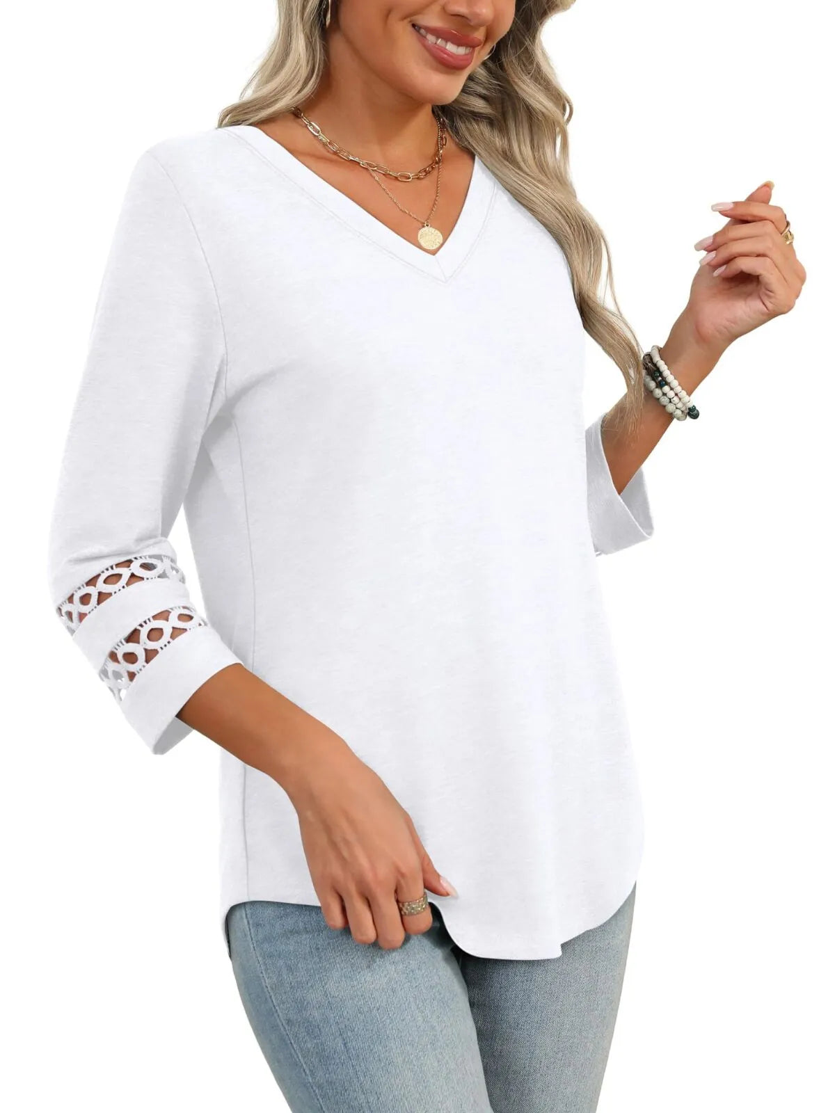 Solid Hollow Out V-neck Dressy Casual Trendy T-shirt