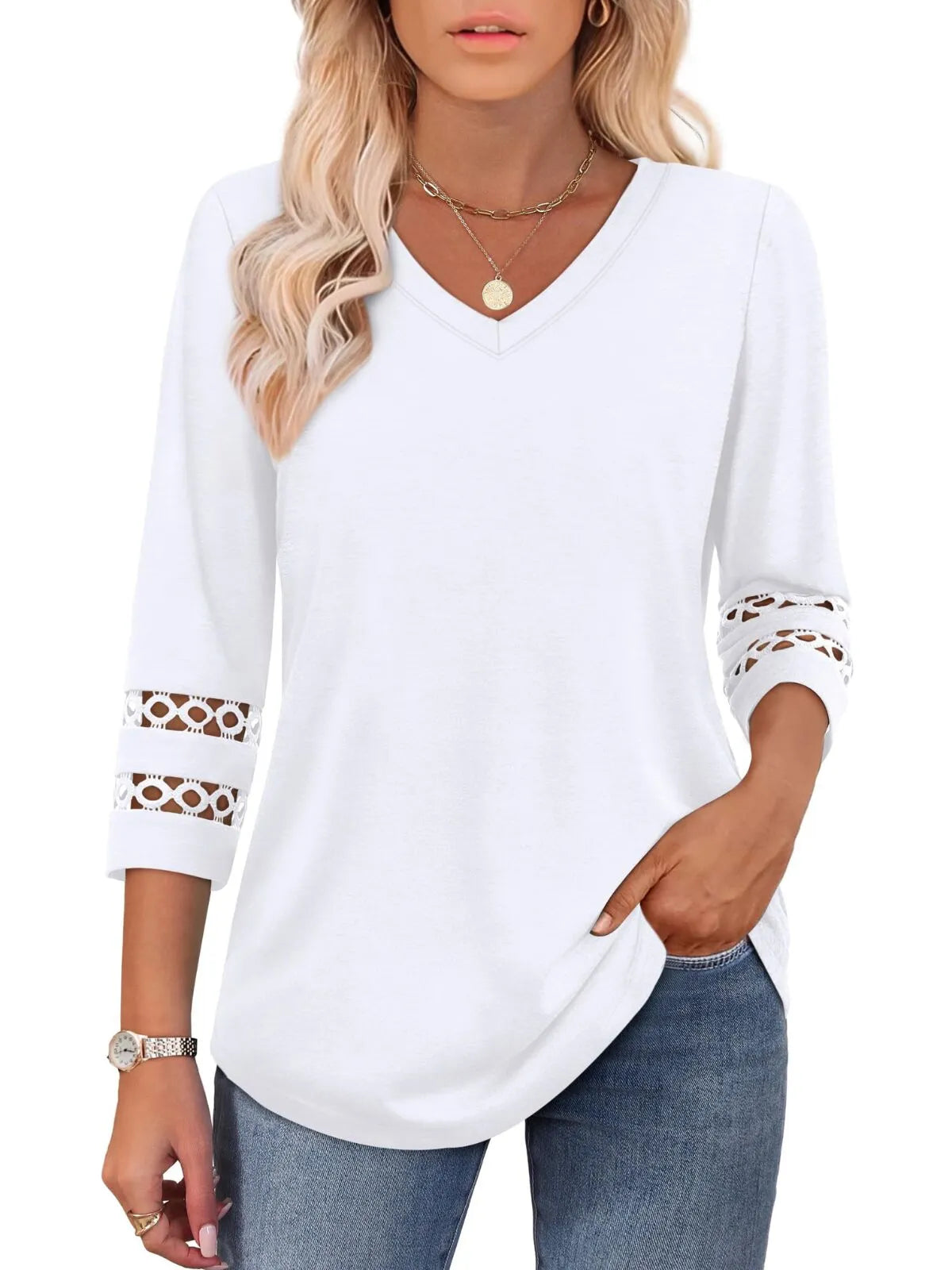 Solid Hollow Out V-neck Dressy Casual Trendy T-shirt