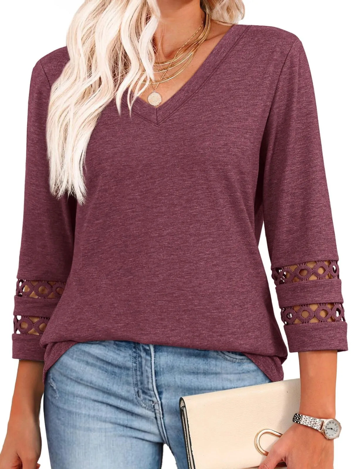 Solid Hollow Out V-neck Dressy Casual Trendy T-shirt