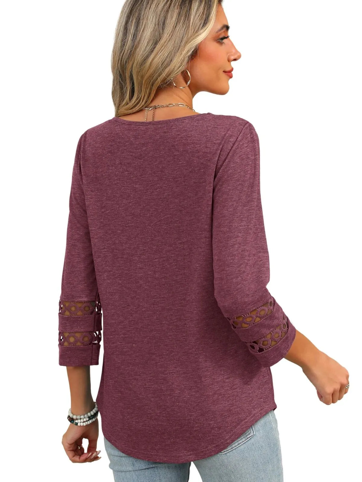 Solid Hollow Out V-neck Dressy Casual Trendy T-shirt