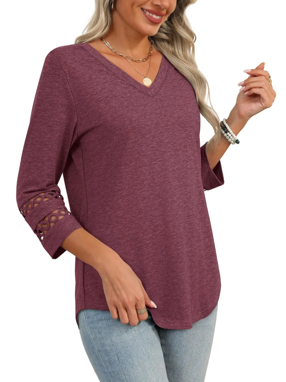 Solid Hollow Out V-neck Dressy Casual Trendy T-shirt