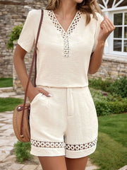 Solid V-neck Lace Blouse & Solid Shorts