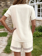 Solid V-neck Lace Blouse & Solid Shorts