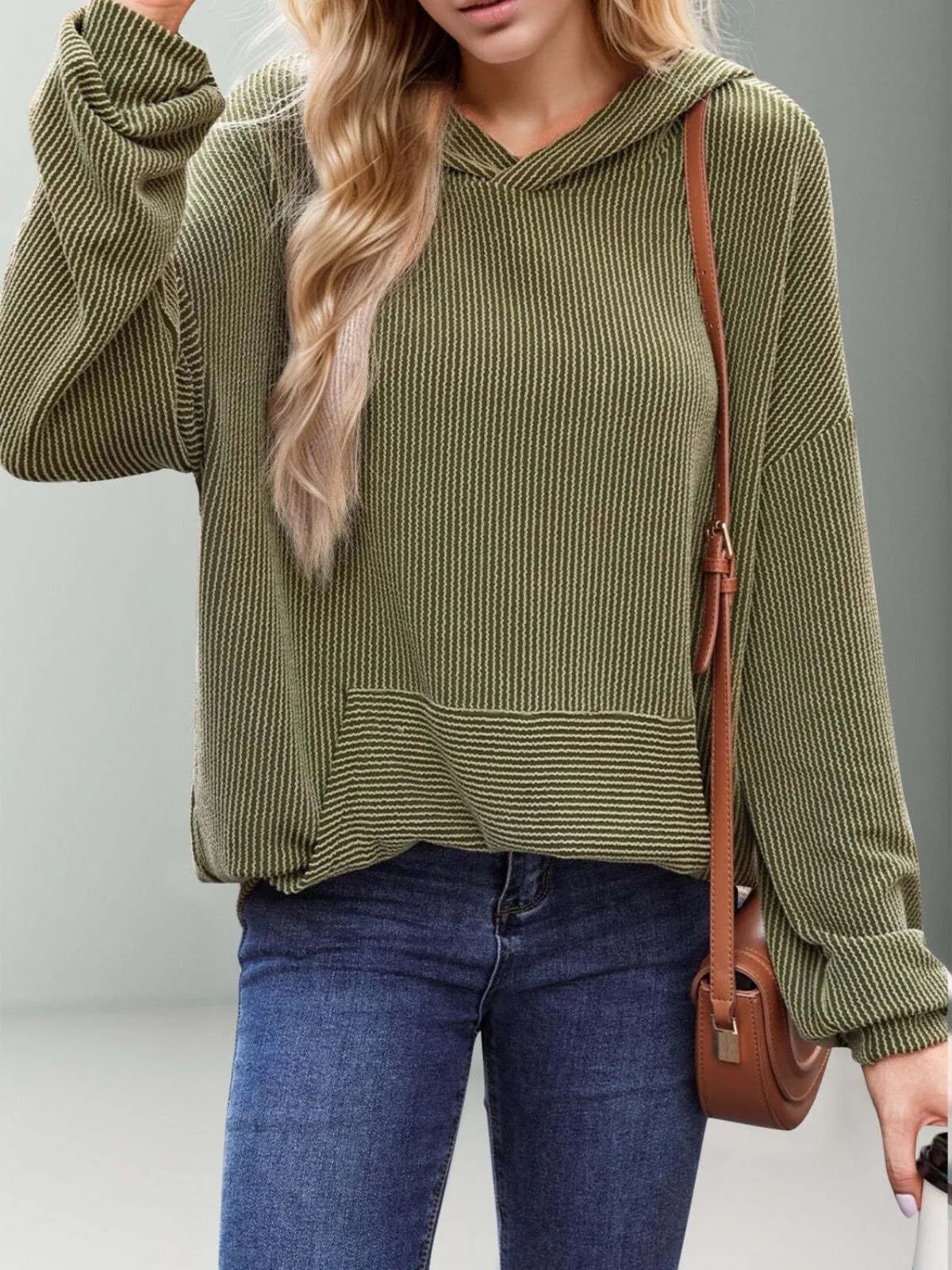 Solid Hooded Pullover Ribbed Knit Casual Loose Sweatshirt
