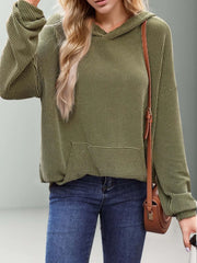 Solid Hooded Pullover Ribbed Knit Casual Loose Sweatshirt