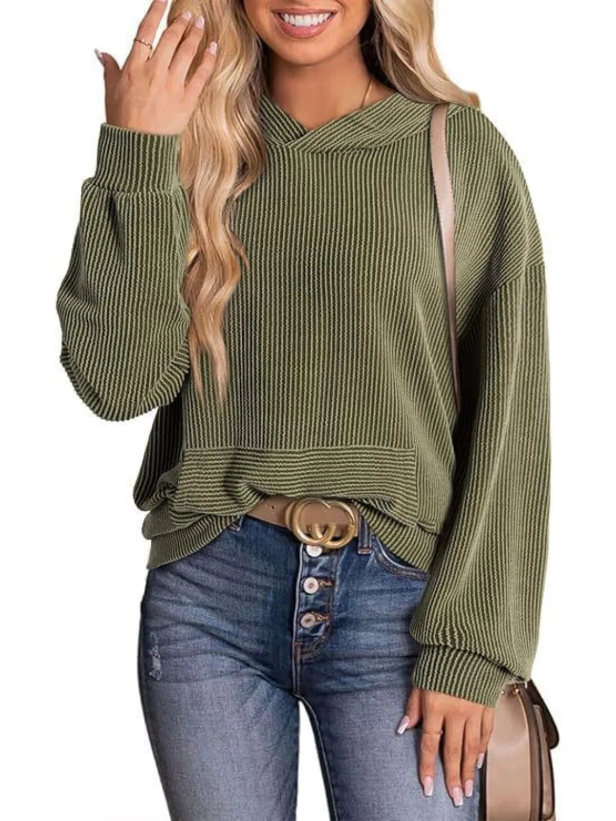 Solid Hooded Pullover Ribbed Knit Casual Loose Sweatshirt
