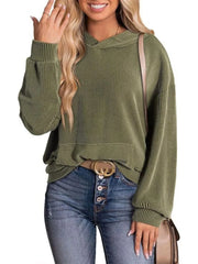 Solid Hooded Pullover Ribbed Knit Casual Loose Sweatshirt