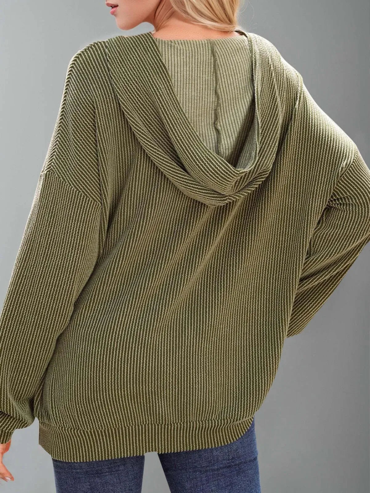 Solid Hooded Pullover Ribbed Knit Casual Loose Sweatshirt