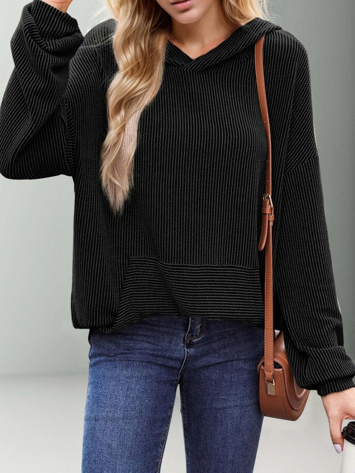 Solid Hooded Pullover Ribbed Knit Casual Loose Sweatshirt