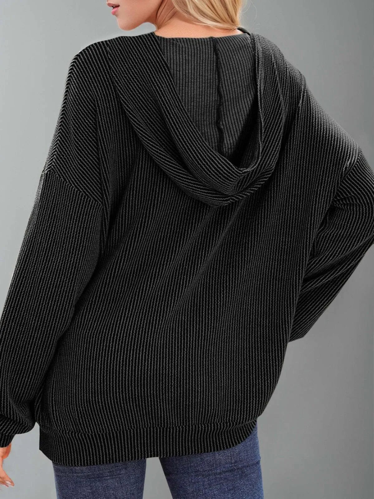 Solid Hooded Pullover Ribbed Knit Casual Loose Sweatshirt