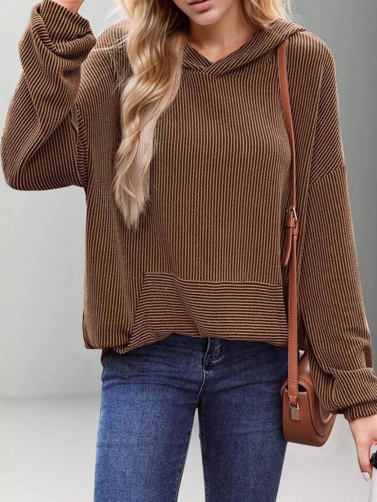 Solid Hooded Pullover Ribbed Knit Casual Loose Sweatshirt