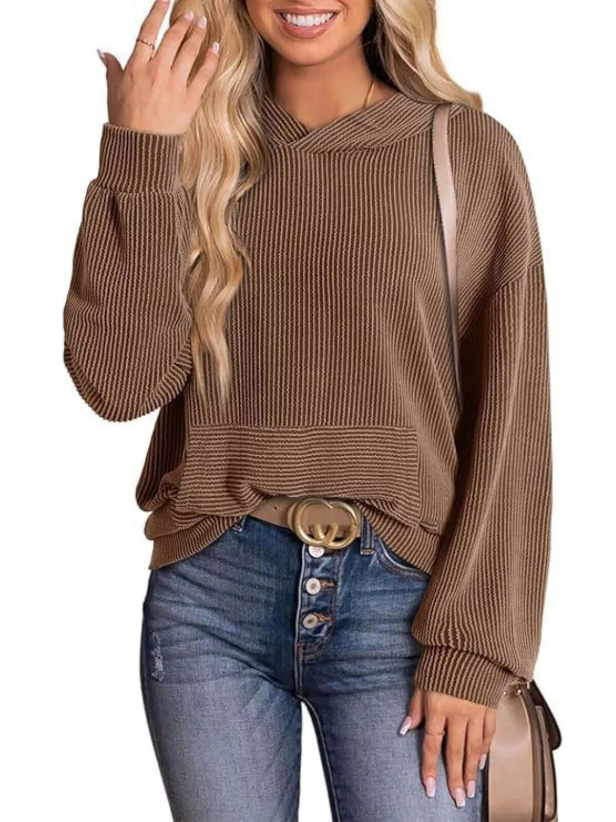 Solid Hooded Pullover Ribbed Knit Casual Loose Sweatshirt