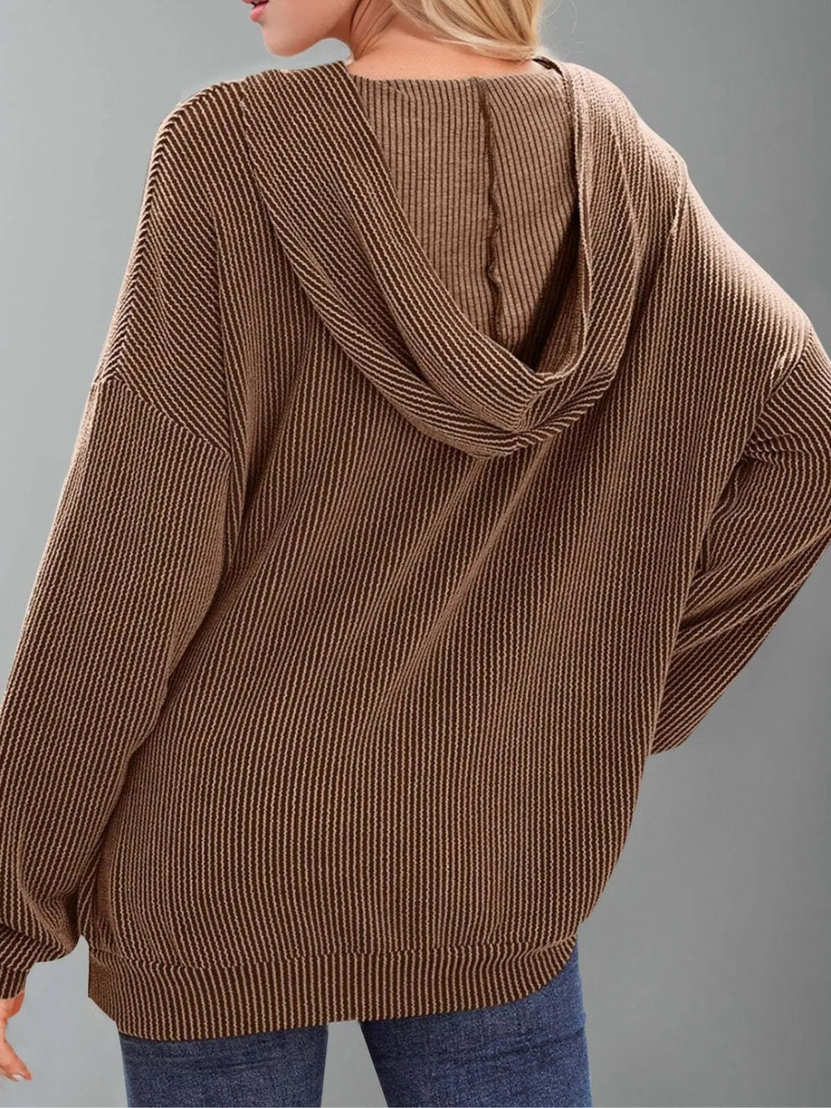Solid Hooded Pullover Ribbed Knit Casual Loose Sweatshirt
